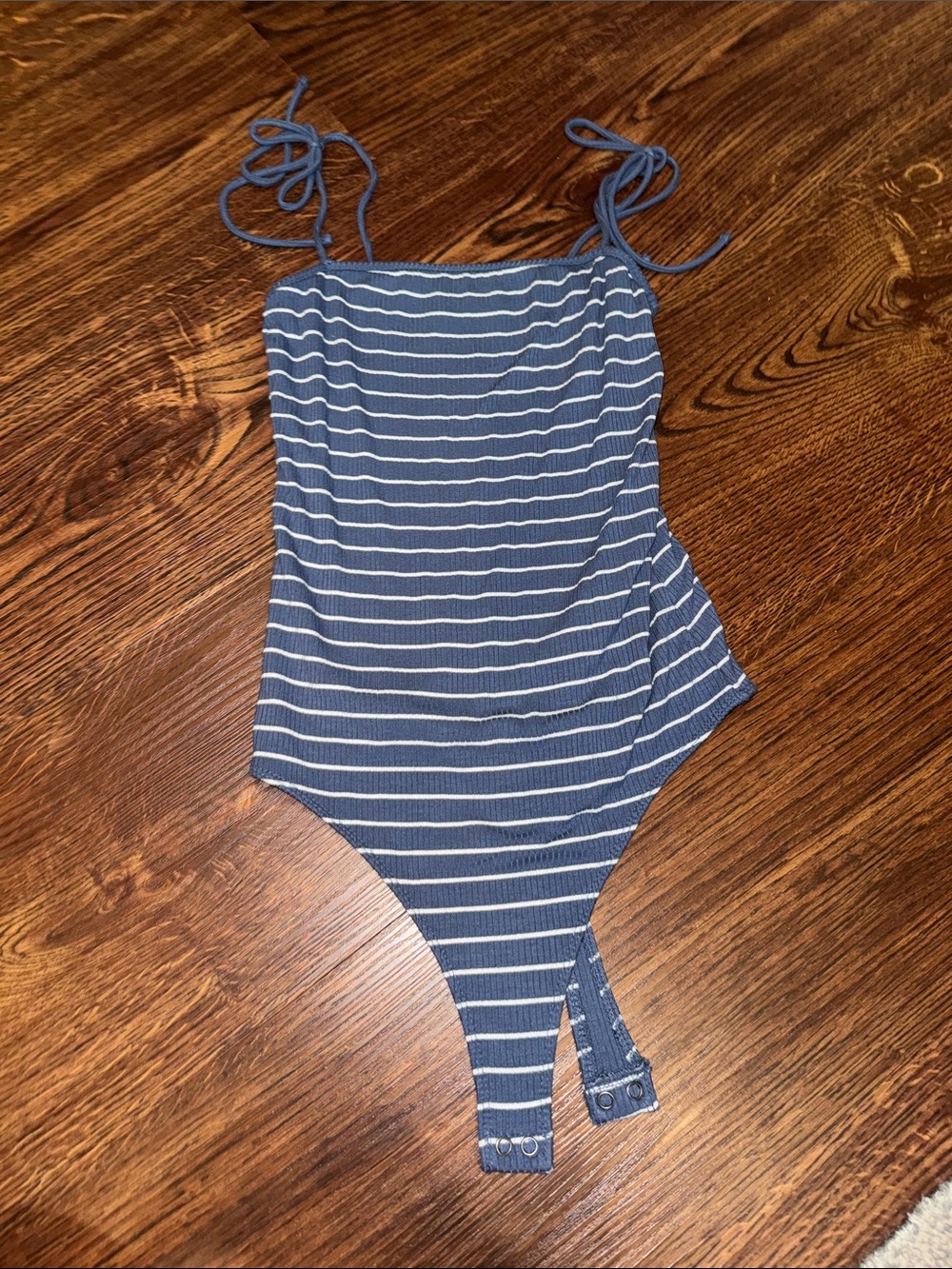 Abercrombie & Fitch Blue and White Striped Ribbed Bodysuit with Tie Straps